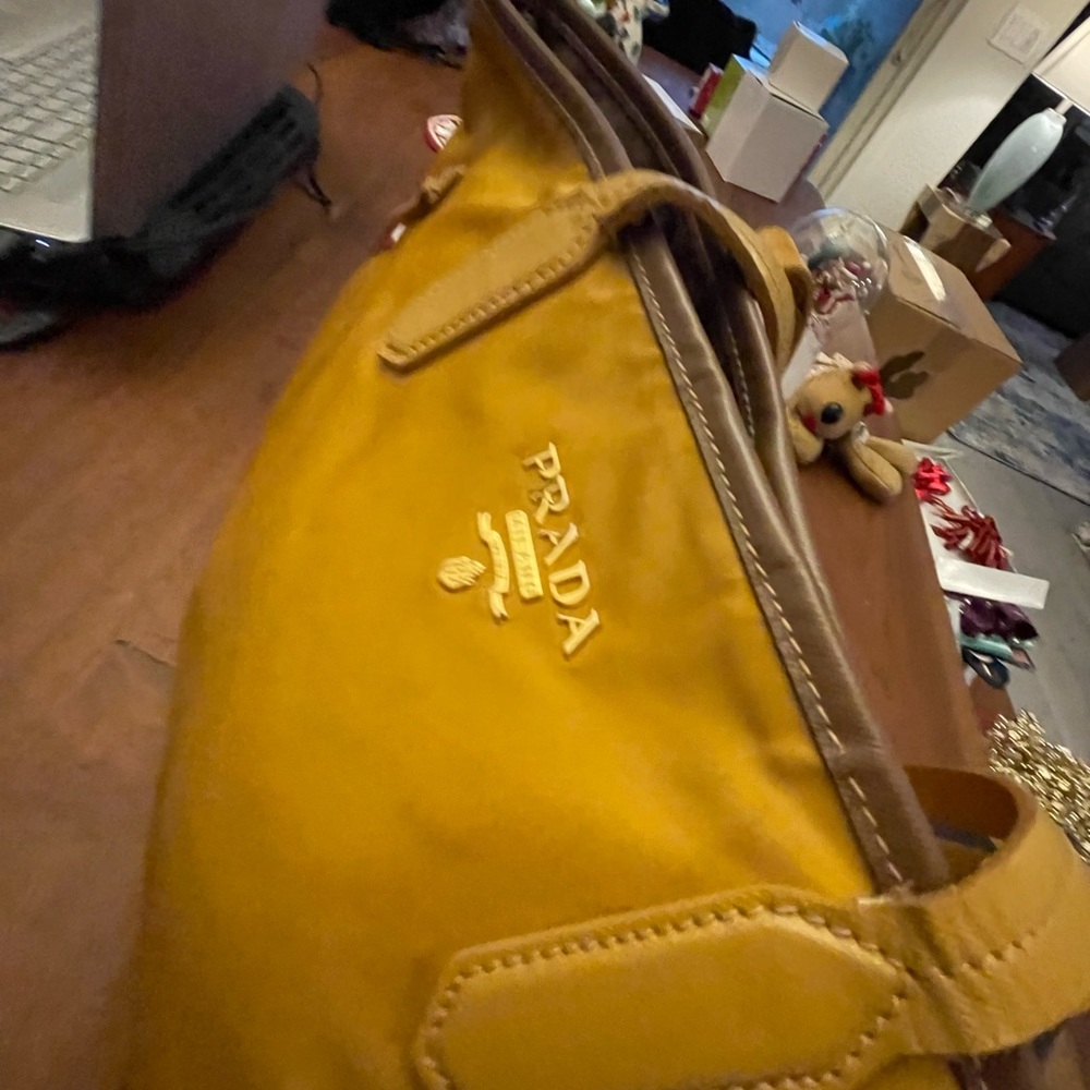 Prada Nylon Tote Saffiano Leather Tessuto Shoulder Tote Pre Loved Yellow
